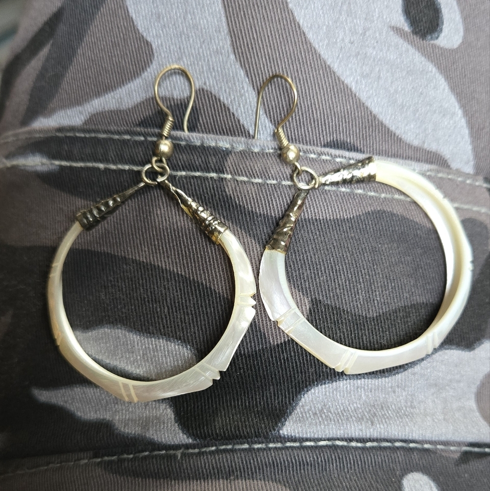 Abalone fresh shell & sterling Hoop Earrings - Picture 2 of 6
